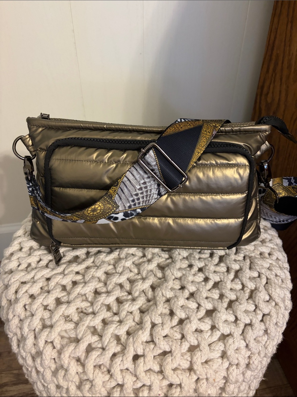 Think Royln Puffed Quilted Crossbody Handbag with chain detail Guitar Strap.